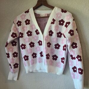 Hazel‎ Moon Girls Cardigan Black Floral V-Neck Long Sleeve Pink Maroon Sweater